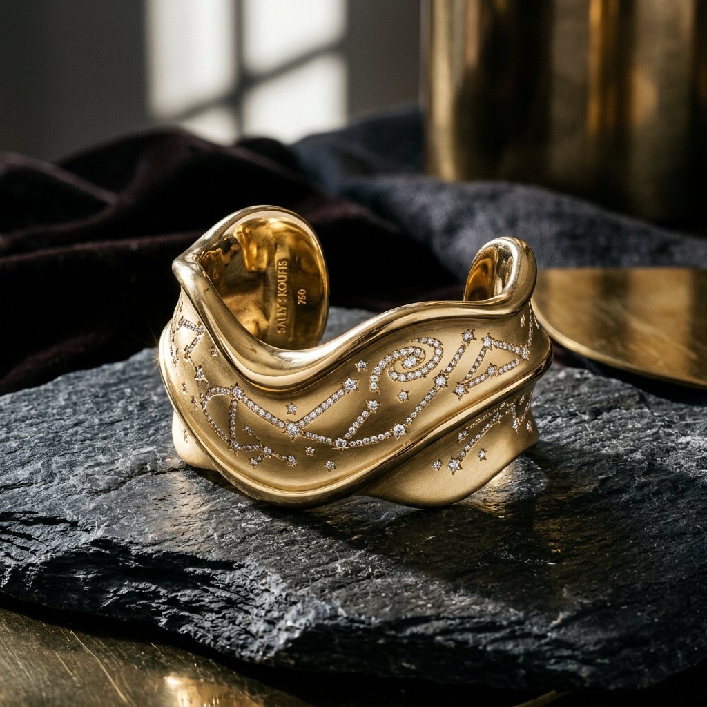 Sally Skoufis Aura Solstice Sculpted Cuff in 18k yellow gold with pavé constellation detailing